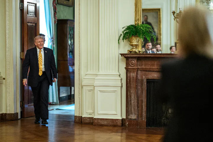 President Donald Trump meets with members of the Trump-Kennedy Center board during a luncheon in the East Room of the White House on March 16, 2026.